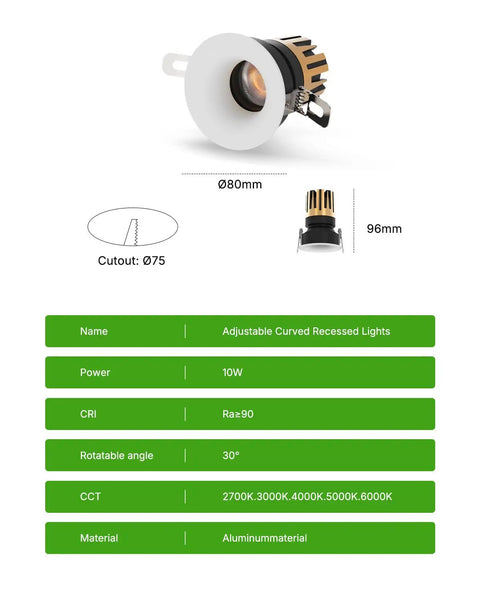 YOVELOS 6-Pack 10W Trimless Recessed LED 3 Inch Slim Spotlight, adjustable curved design, aluminum material, 10W power.