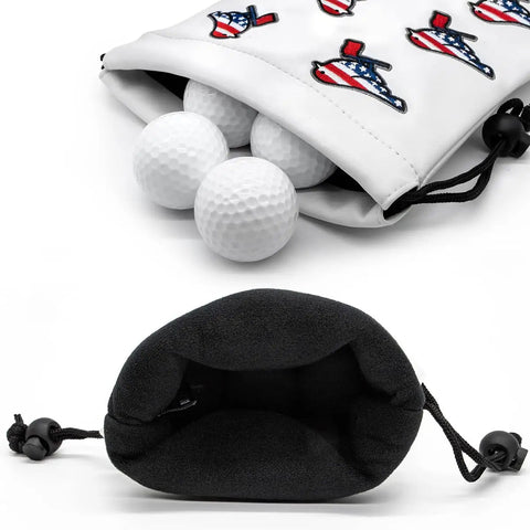 Premium Leather Golf Pouch with Drawstring Closure for Balls and Tees, featuring USA Birdie design, open with golf balls inside