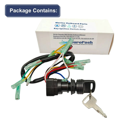 Remote Ignition Switch Key Assembly For 2 And 4 Stroke Outboard Motors 6 To 300 HP Fits Wide Range Models 1998 2013 703 82510 43 00 42 00 Marine Boat Replacement Part, shown with packaging and wiring.