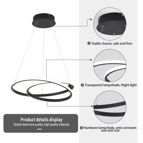 Modern LED Chandelier With Dimmable 36W Light And Remote, Black Acrylic Two Ring Pendant Hanging Lamp details and features