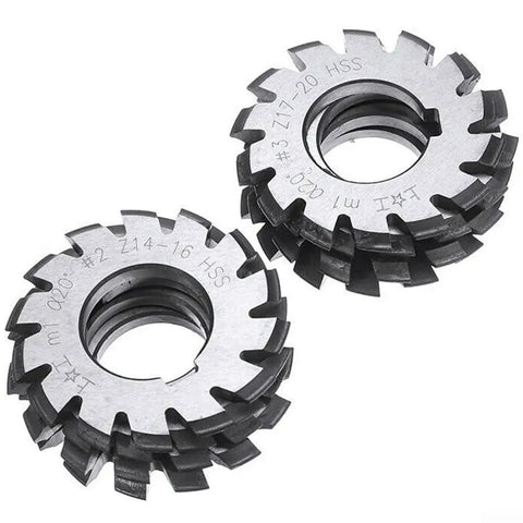 8 Pc Gear Cutter Set In High Speed Steel For Milling Machines, 20 Degree Pressure Angle, disk shaped with 18 teeth visible