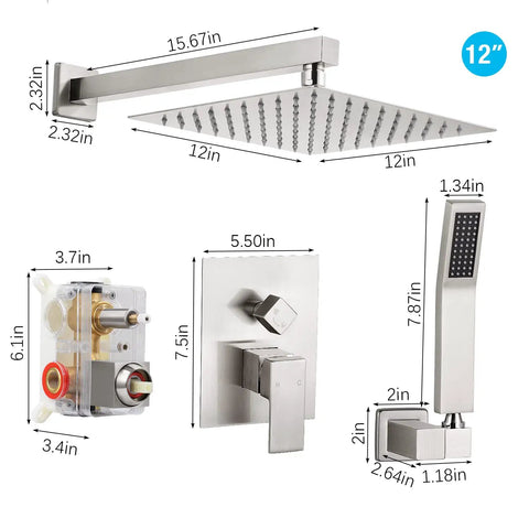 Brushed Nickel Shower Faucet Set With Easy Install Sleek Dual Handle Bath Shower Kit showing components and dimensions.