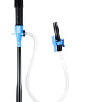 SMART JERRY battery-operated fuel transfer pump with blue/black body and white hose (front and side views)