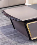 Spacious Executive Computer Desk Crafted From Legit Solid Wood With Sleek Lacquer Finish Adjustable Standing Workstation close-up of desk edge