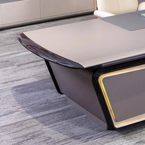 Spacious Executive Computer Desk Crafted From Legit Solid Wood With Sleek Lacquer Finish Adjustable Standing Workstation close-up of desk edge