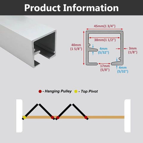 Heavy Duty Folding Barn Door Hardware Kit With Adjustable Top And Bottom Tracks Smooth Gliding Rollers Rust Proof Aluminum Rail No Sweat Installation For Interior Sliding Doors Up To 13 Feet Long dimensions and components illustration.