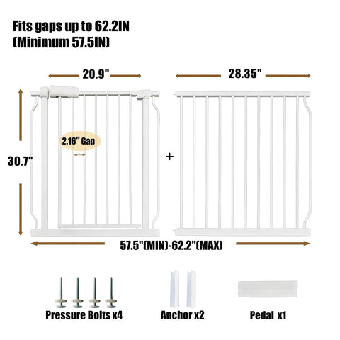 Diagram of Extra Wide Baby Gate For Doorways And Stairs 57.5 To 62 Inch Fits Narrow 2.16 Inch Gaps 30 Inch High Heavy Duty Metal Gate