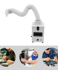 Game Changing Soldering Fume Extractor Benchtop Smoke Purifier with HEPA Carbon Filter and swiveling hose in workshop setting.