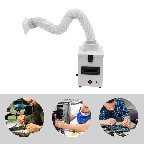 Game Changing Soldering Fume Extractor Benchtop Smoke Purifier with HEPA Carbon Filter and swiveling hose in workshop setting.