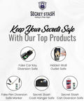 Promotional poster featuring 'Two Pack Ultra Realistic Car Key Safe Diversion Key Fobs With Hidden Secret Compartments Waterproof Money Stash Holder For Valuables Cash And Small Gear Discreet Decoy Car Key Safe For Home Travel' among other secret stash products