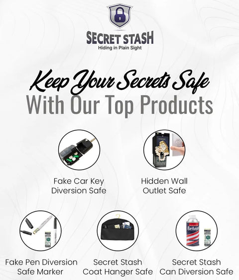 Promotional poster featuring 'Two Pack Ultra Realistic Car Key Safe Diversion Key Fobs With Hidden Secret Compartments Waterproof Money Stash Holder For Valuables Cash And Small Gear Discreet Decoy Car Key Safe For Home Travel' among other secret stash products