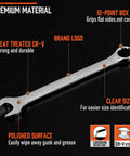 Rock Solid 12 Piece Metric Wrench Set With Compact Storage Holder Crafted From Tough Chrome Vanadium Steel And 12 Point Box Ends Covering 8mm To 19mm For Reliable Auto Shop Repairs showcasing detailed features like polished surface and clear sizes.
