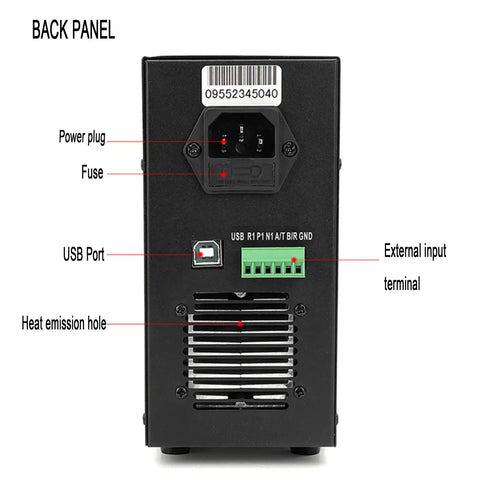 Electronic Load Tester ET5407A Plus 200W 30A 180V Single Channel Programmable Power Sink With 1mV to 10mV and 1mA to 10mA High Resolution LCD Backlit Display USB Remote PC Control Gray back panel with power inlet, USB port, and terminal