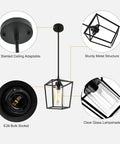 Diagram of Black Farmhouse Kitchen Island Pendant Light With Metal Cage And Clear Glass Shade showing structure and features