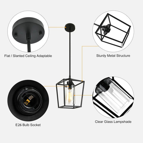 Diagram of Black Farmhouse Kitchen Island Pendant Light With Metal Cage And Clear Glass Shade showing structure and features