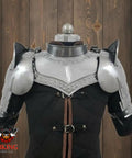 Iron Gorget And Pauldrons Armor Set For Cosplay And LARP, Spaulders And Shoulder Guards In Silver Finish on mannequin