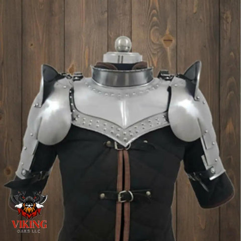 Iron Gorget And Pauldrons Armor Set For Cosplay And LARP, Spaulders And Shoulder Guards In Silver Finish on mannequin