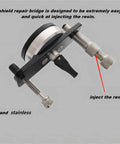 Windshield Rock Chip Repair Tool Kit With Bridge For Cracked Glass, aluminum and stainless steel components, side view