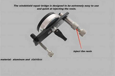 Windshield Rock Chip Repair Tool Kit With Bridge For Cracked Glass, aluminum and stainless steel components, side view