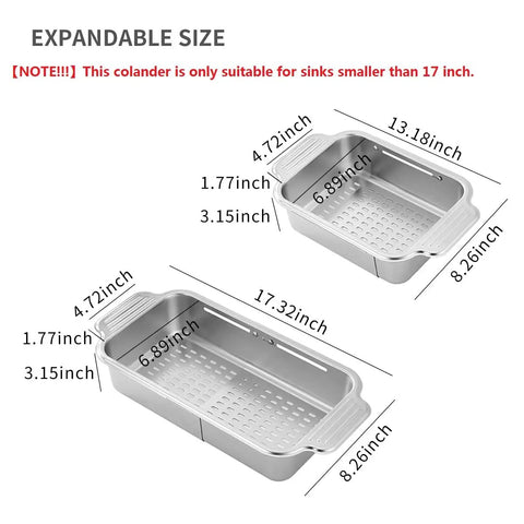 Extendable Over Sink Colander In Stainless Steel dimensions and size illustration, fits sinks smaller than 17 inches