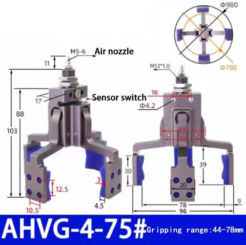 Beefy Heavy Duty Pneumatic Fixture Cylinder With Four Claw Clamp And Sensor Switch, precision mini gripper arm, AHVG75 diagram.