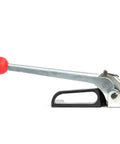Rock Solid Steel Strapping Tensioner Tool For Pallet Packaging Banding 1/2 To 5/8 Inch Steel Strap profile view with red handle.