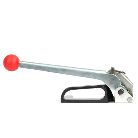 Rock Solid Steel Strapping Tensioner Tool For Pallet Packaging Banding 1/2 To 5/8 Inch Steel Strap profile view with red handle.