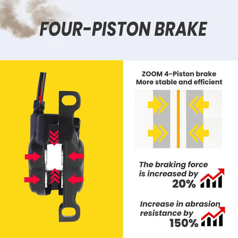 Front view of Hycline four-piston e-bike hydraulic brake caliper in black with mounting lugs