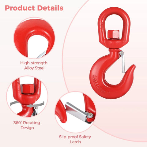 Heavy Duty Alloy Steel Swivel Lifting Hook With Secure Safety Latch Boasts 6600 Pound Load Capacity with 360 degree rotatable design.