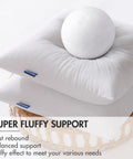 Two white, fluffy pillows on a wicker basket demonstrating softness with a white ball; labeled 'Super Fluffy Support'