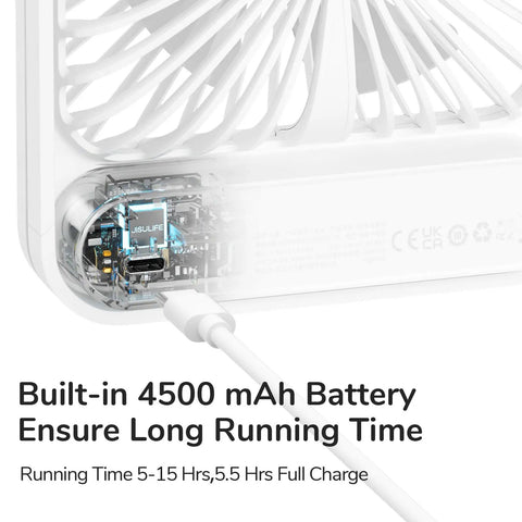Rechargeable Desk Fan With 4500mAh Battery And 180 Degree Foldable Design showing built-in battery and charging port.