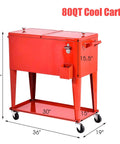 80 Quart Rolling Cooler Cart With Bottle Opener And Catch Tray For Parties And Bar Nights Red Durable Steel With Easy Fill Lift Off Top And Bottom Storage Shelf Powder Coat Finish Built For Backyard BBQs And Social Gatherings
