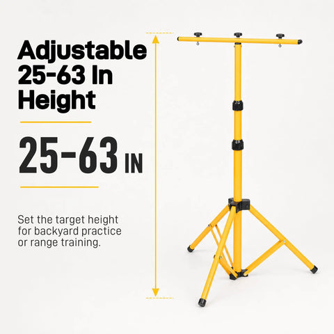 Adjustable Foldable Metal Archery Target Stand With Tripod Design showing height range 25 to 63 inches for backyard practice.