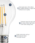 Close-up of Vintage A19 LED Light Bulbs 60W Equivalent 3000K Soft White Dimmable 800 Lumens Edison Style Energy Efficient Bulbs