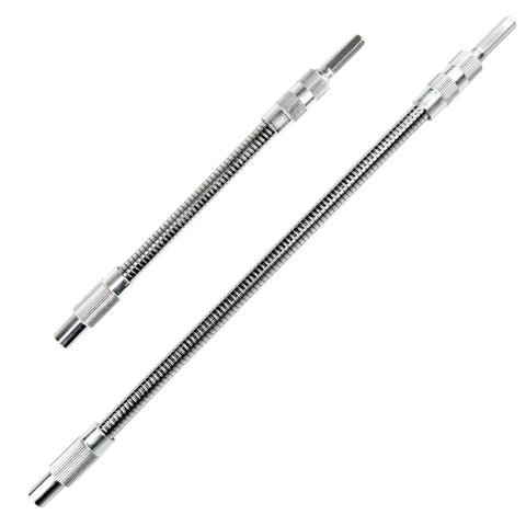 Flexible Drill Bit Extension Set With 360 Degree Bendable Design, includes 7.9 inch and 11.8 inch lengths, silver color.