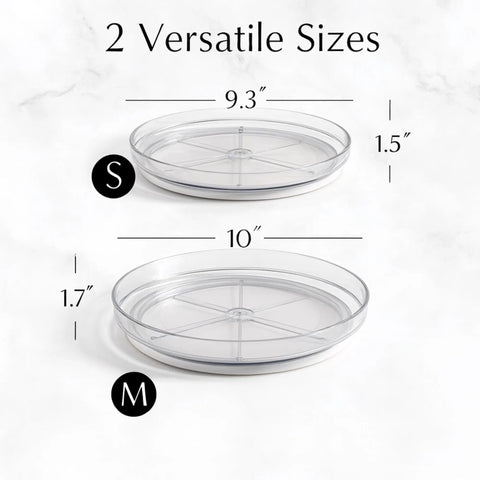 Clear Two Pack Rotating Lazy Susan Organizers With 9 And 10 Inch Countertop Turntables For Kitchen Cabinets Pantry Spice Racks Making Pantry Storage Slick And A Total Breeze On Your Counters - 9.3 inch and 10 inch sizes displayed.