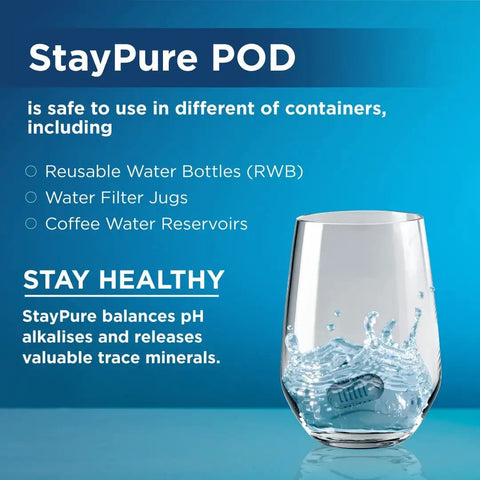 Portable Water Filter Pod for Travel and Camping, 250 Gallon Capacity, in a glass of water, showing alkaline purifier use