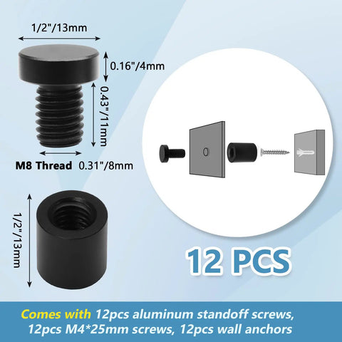 Premium Aluminum Standoff Screw Kit Black Knockout Wall Mount Hardware with M8 threaded screw and detailed dimensions.