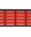 Built Like A Tank 20 Drawer Tool Cabinet With Integrated Workbench And Locking Drawers For Garage Or Shop Featuring Non Slip Pads And Welded Steel Frame - front view with 20 red drawers.