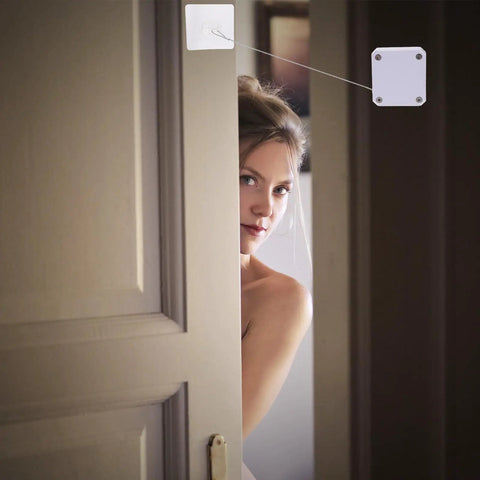 Automatic Sliding Door Closer With Soft Self Closing, Easy Install Kit in a bedroom door with woman partially visible