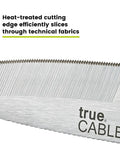 Close-up of the cutting edge of Kevlar Shears For Fiber Optic Cable Cutting, 5.5 Inch Industrial Grade High Carbon Steel Scissors.