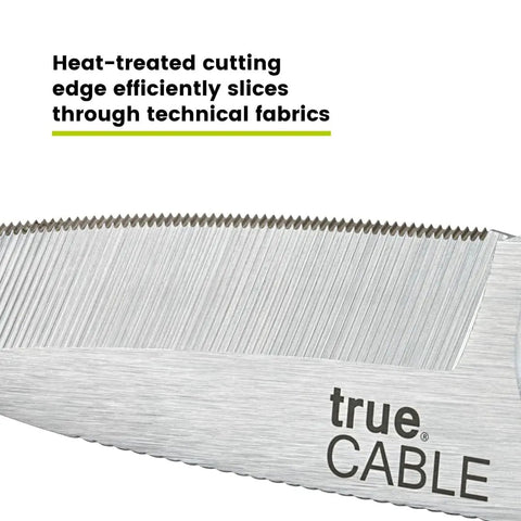 Close-up of the cutting edge of Kevlar Shears For Fiber Optic Cable Cutting, 5.5 Inch Industrial Grade High Carbon Steel Scissors.