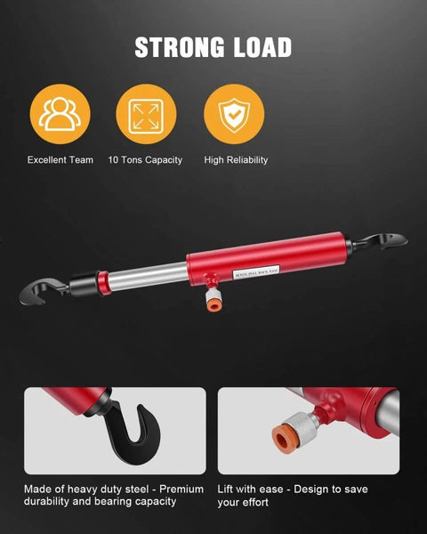 Close-up of Beefy 26 Inch Hydraulic Pull Back Ram for Porta Power Tools and Body Shop Frame Tools, carbon steel, rotating hook.