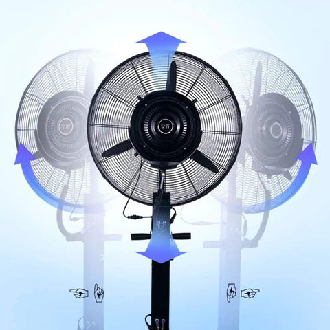 Heavy Duty High Velocity Misting Pedestal Fan With Three Adjustable Speed Settings and Rock Solid Construction, showing adjustable fan angles.