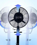 Heavy Duty Three Speed Floor Cooling Fan With Adjustable Mist Spray And High Velocity Air Circulation showing 90-degree oscillation feature.