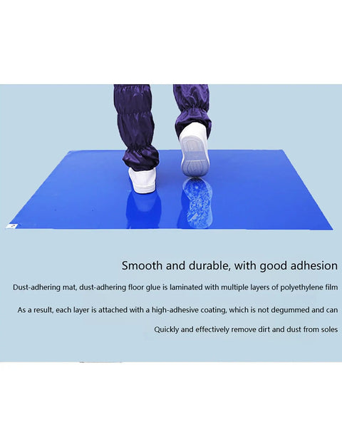 Industrial Grade Grabby Tacky Mats 300 Sheets 10 Pack with person stepping on blue adhesive floor mat 45x90 cm.