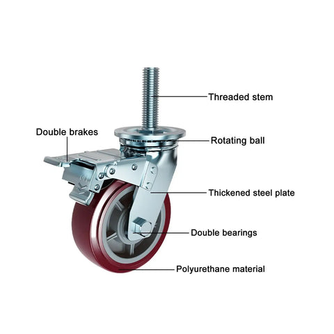 8 Inch Industrial Swivel Casters Built Tough Heavy Duty Polyurethane Rolling Wheels with threaded stem and double brakes.