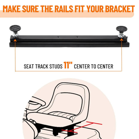 Universal Go Kart Seat Slider Kit With Hardware For Bucket Seats, Easy Install, Seven Inch Forward Back Travel, showing seat track studs 11 inches apart