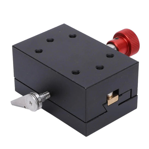 Black Mini Sliding Linear Stage with red knob, aluminum alloy, featuring dovetail groove and gear rack for precise small scale positioning