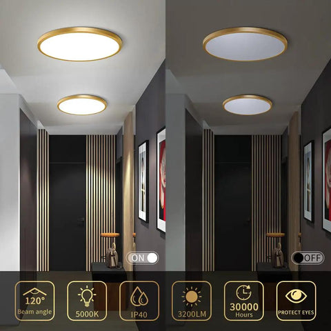 Two Pack 12 Inch Gold Flush Mount Led Ceiling Lights, Ultra Thin Round Flat Fixture, installed in modern hallway